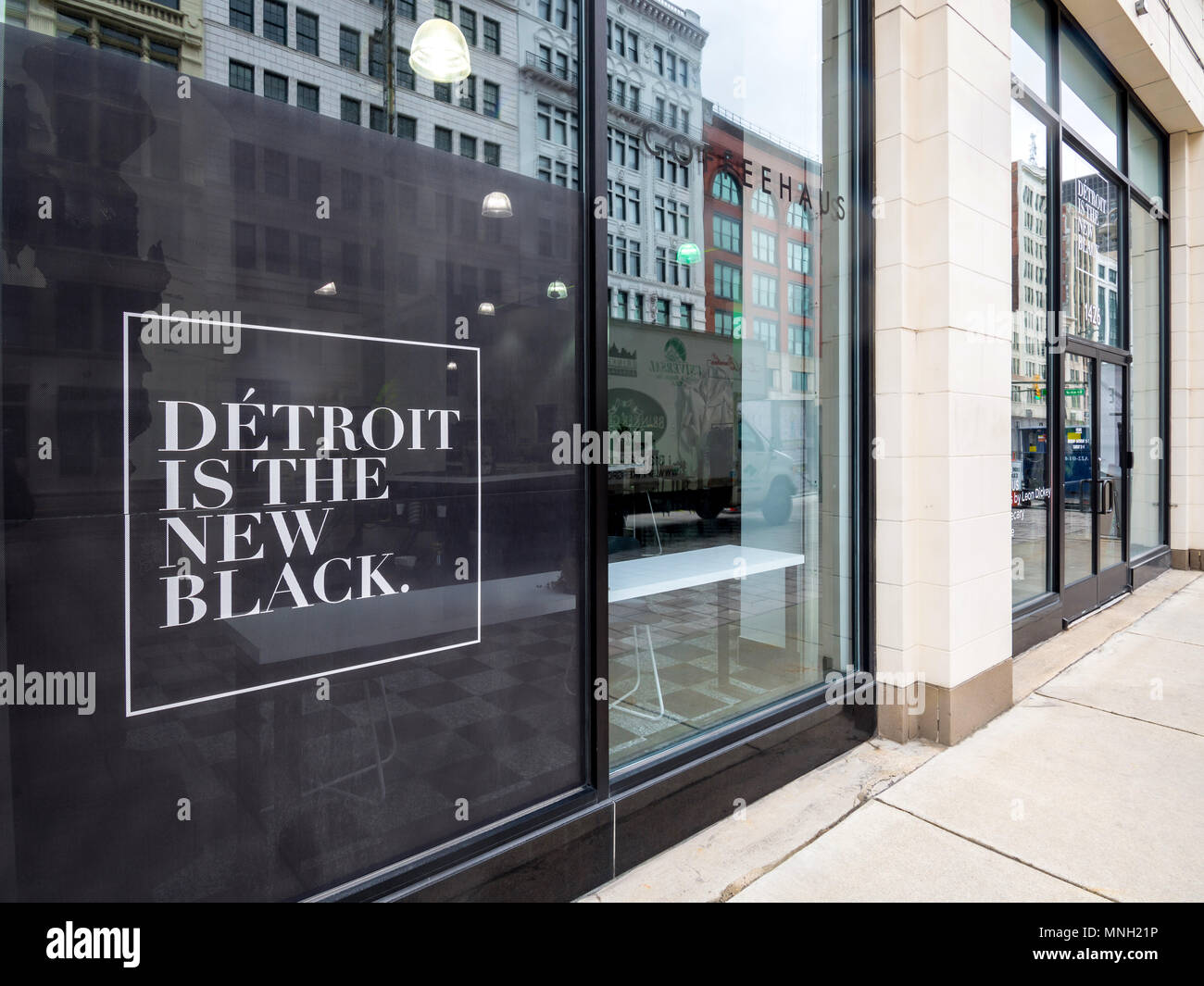 'Detroit è il nuovo nero' coffee bar, Detroit, Michigan, Stati Uniti d'America. Foto Stock