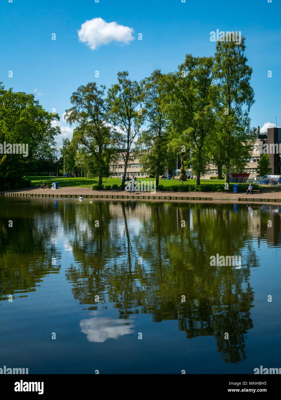 Heriot Watt University campus, Edimburgo, Scozia, Regno Unito, 17 maggio 2018. Per coloro che godono di una posizione soleggiata pausa pranzo da Loch su Riccarton Station Wagon del campus Foto Stock