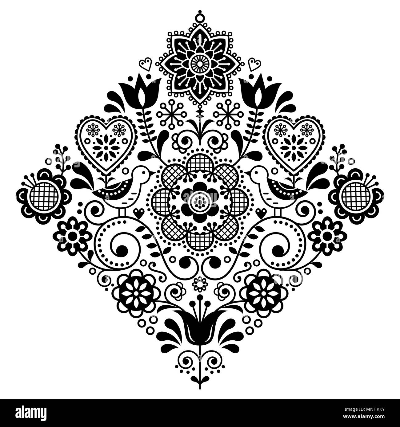 Arte popolare piazza retrò vector pattern con uccelli e fiori, scandinavo in bianco e nero dal design simmetrico Illustrazione Vettoriale