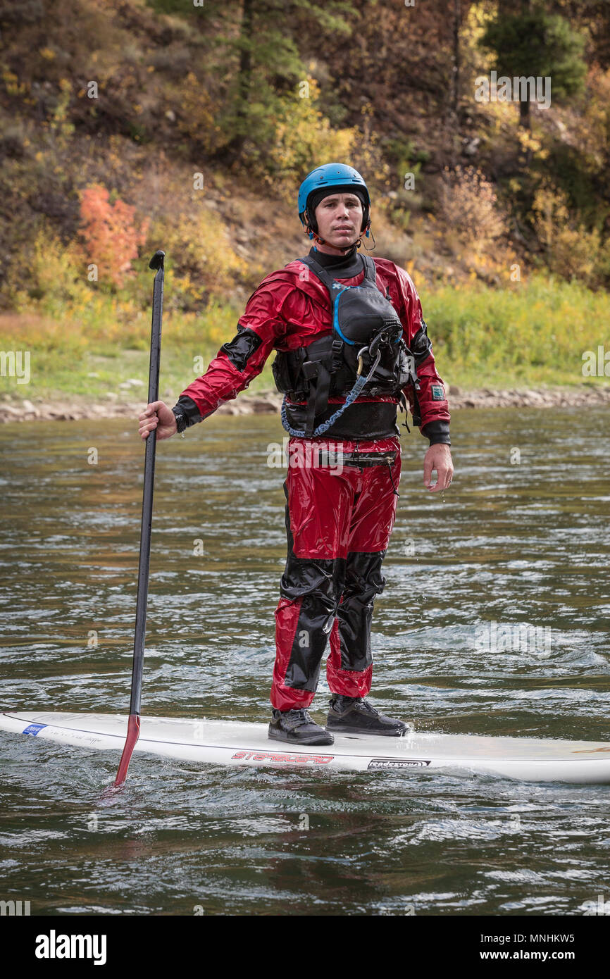 Uomo in piedi su stand-up paddleboard sul fiume Snake e guardando la telecamera, Jackson, Wyoming USA Foto Stock