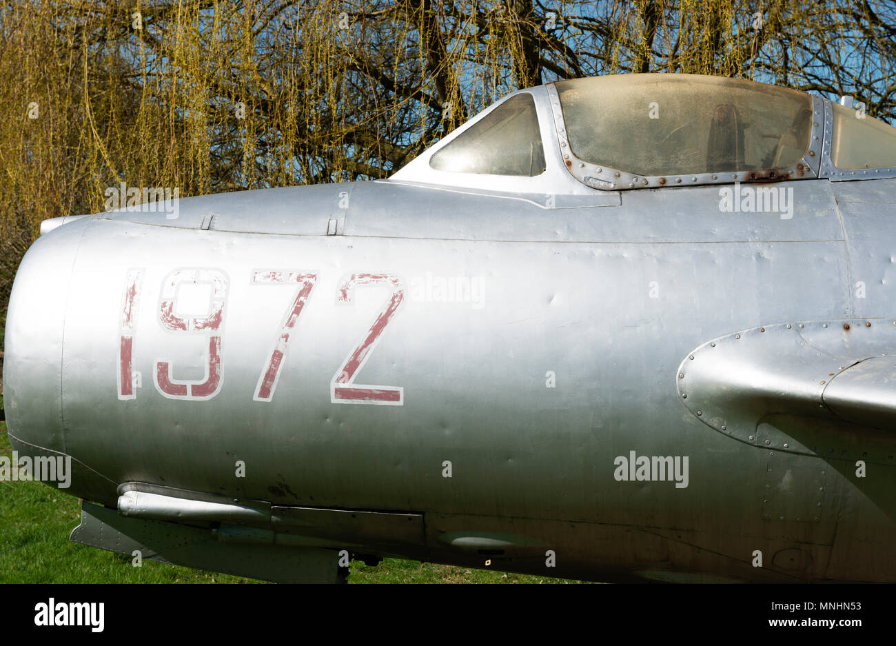 Mig-15 polacco Airforce Guerra Fredda jet, nel Norfolk e nel Suffolk Aviation Museum, Flixton, Suffolk, Regno Unito. Foto Stock
