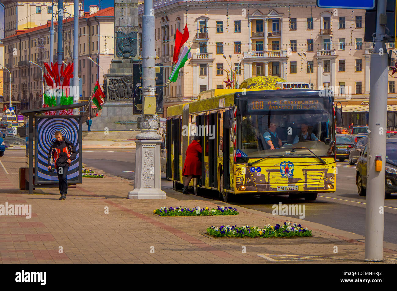 MINSK, Bielorussia - 01 Maggio 2018: Outdoor View di MAZ bus della città di Minsk stabilimento automobilistico è una delle più grandi aziende in Bielorussia e delle principali aziende europee di produttore di autobus Foto Stock