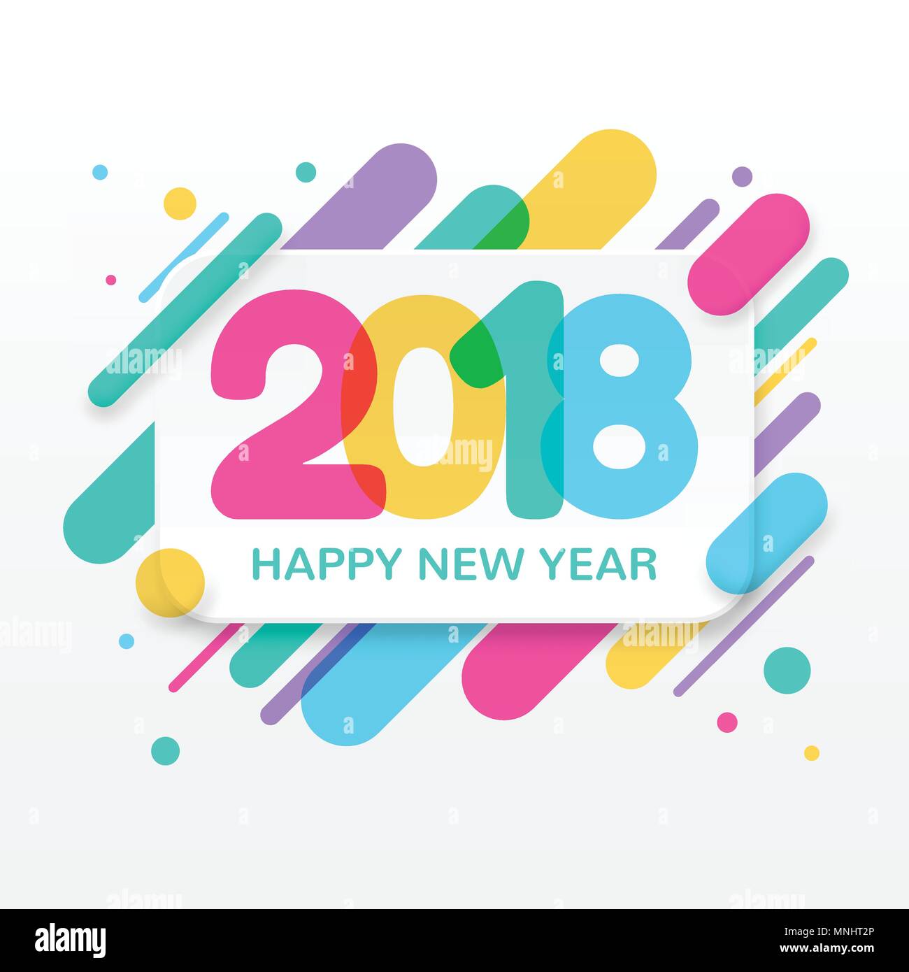 2018 Felice Anno Nuovo biglietto di auguri con colorate astratte forme arrotondate linee in diagonale il ritmo. Per il biglietto di auguri, poster, brochure o modello flyer Illustrazione Vettoriale