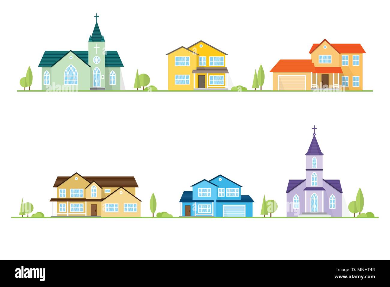 Quartiere con case e chiese illustrato su bianco. Vettore icona piatta suburbana case americane. Per il web design e interfaccia di applicazione, anche u Illustrazione Vettoriale