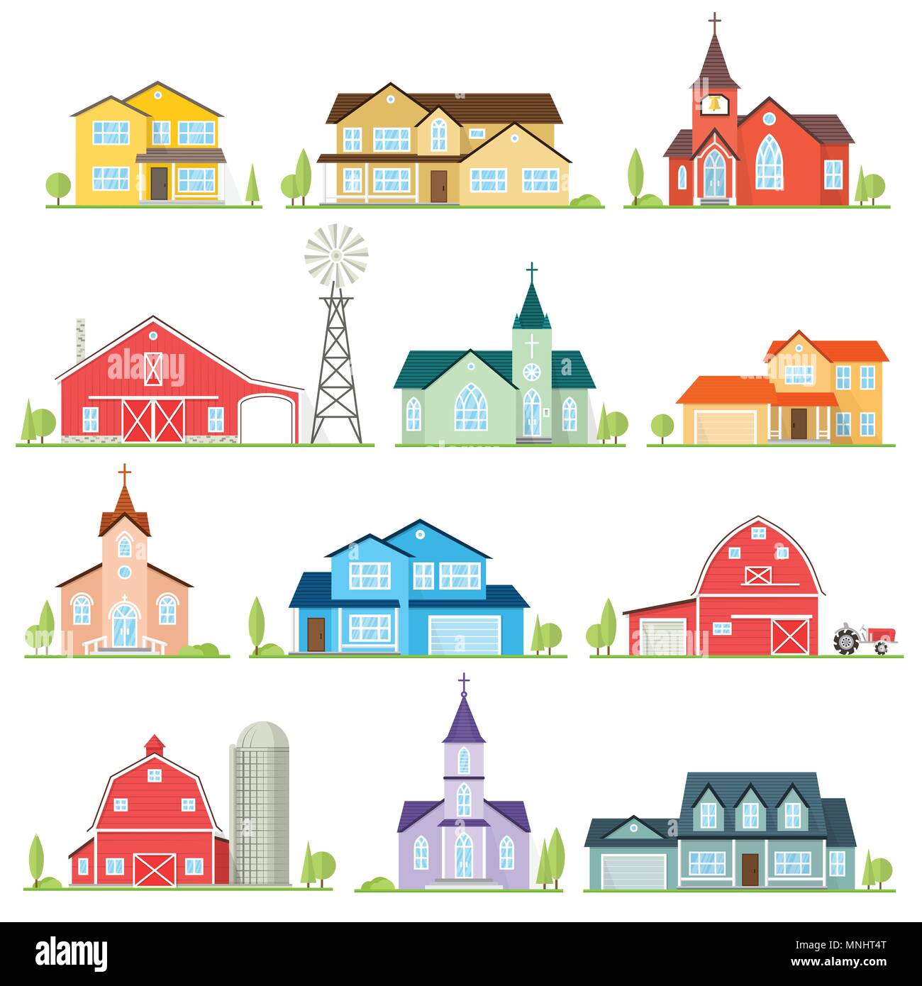Set di icona piatta suburban american case, chiese e fattorie. Per il web design e applicazione di interfaccia, utile anche per infographics. Illustra il vettore Illustrazione Vettoriale