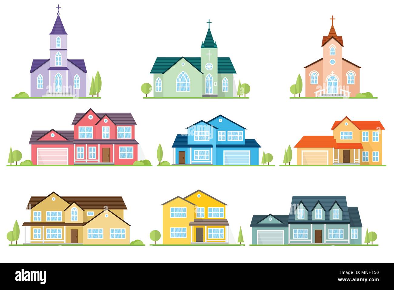 Set di icona piatta suburban american case e chiese. Per il web design e applicazione di interfaccia, utile anche per infographics. Illustrazione Vettoriale.ca Illustrazione Vettoriale