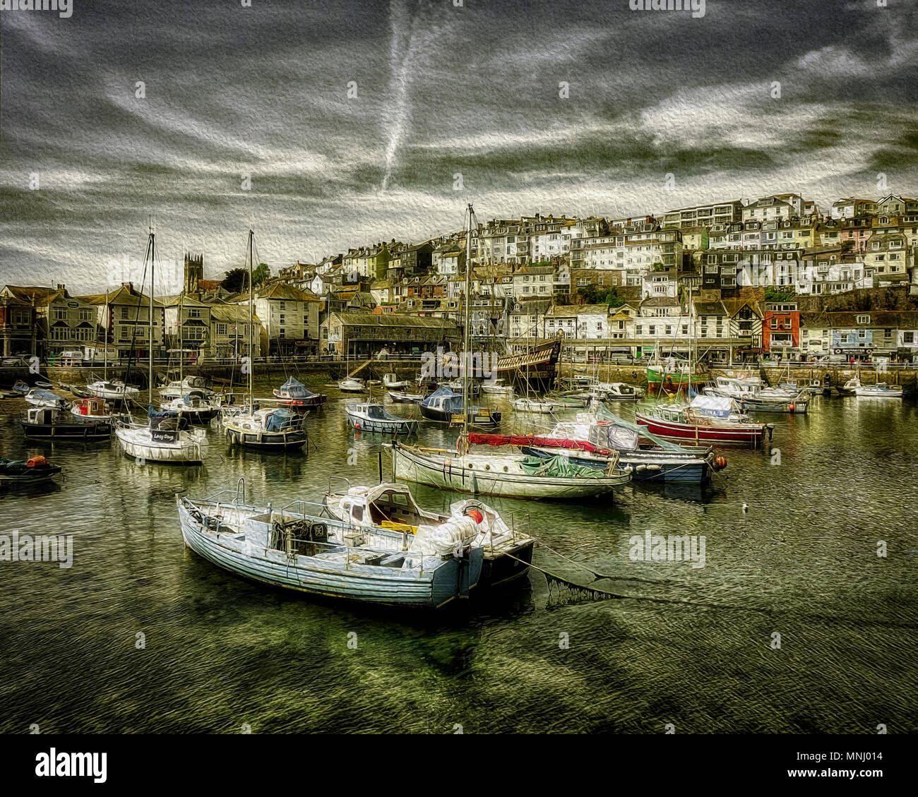 Arte digitale: pittoresco porto di Brixham, Devon, Gran Bretagna (immagine HDR) Foto Stock