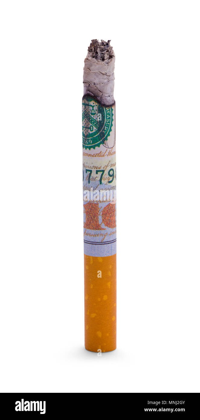 Singola sigaretta denaro Burning isolato su uno sfondo bianco. Foto Stock