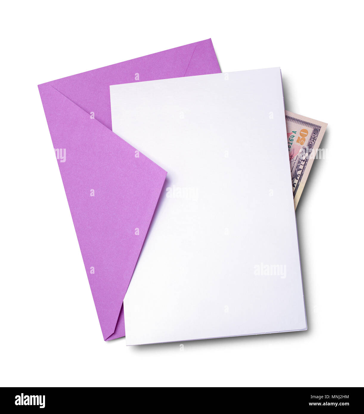 Biglietto di auguri di compleanno con denaro isolato su sfondo bianco. Foto Stock
