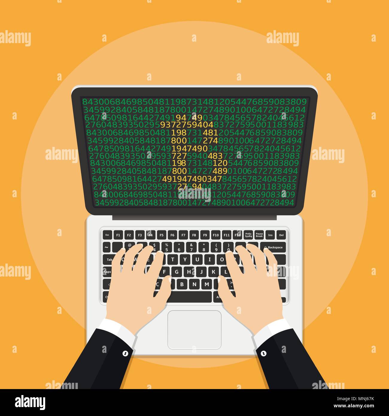 Imprenditore bitcoin mining su laptop. Bitcoin e cryptocurrency concetto. Illustrazione Vettoriale in stile piatto Illustrazione Vettoriale