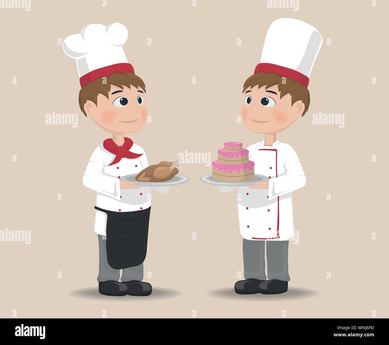 Gli uomini la cottura il capo di vettore. I personaggi dei cartoni animati. Torta e carne menu gourmet Illustrazione Vettoriale