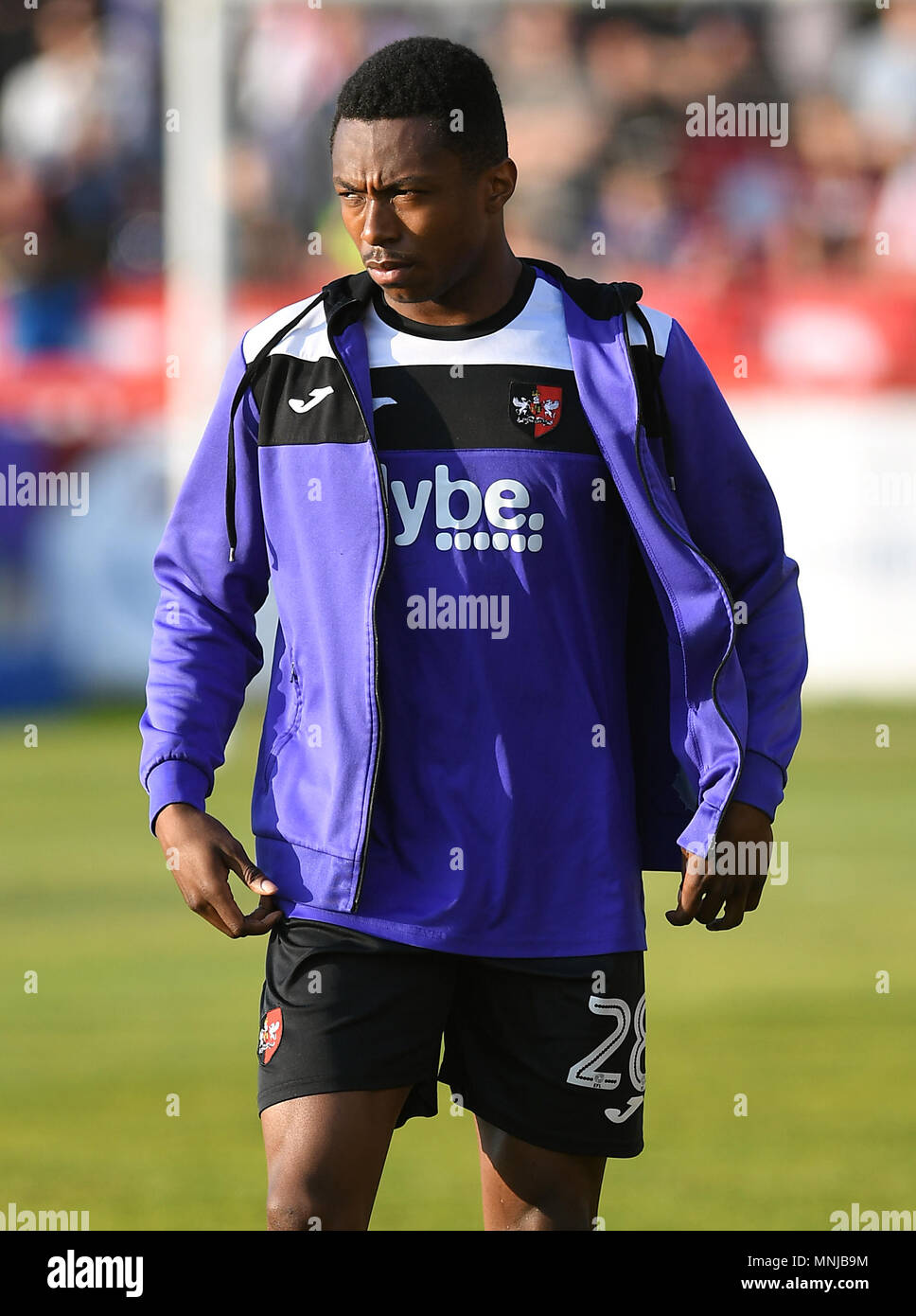 Exeter City's Kyle Edwards durante la scommessa del Cielo lega due partita presso il St James Park, Exeter. Stampa foto di associazione. Picture Data: giovedì 17 maggio, 2018. Vedere PA storia SOCCER Exeter. Foto di credito dovrebbe leggere: Simon Galloway/filo PA. Restrizioni: solo uso editoriale nessun uso non autorizzato di audio, video, dati, calendari, club/campionato loghi o 'live' servizi. Online in corrispondenza uso limitato a 75 immagini, nessun video emulazione. Nessun uso in scommesse, giochi o un singolo giocatore/club/league pubblicazioni. Foto Stock