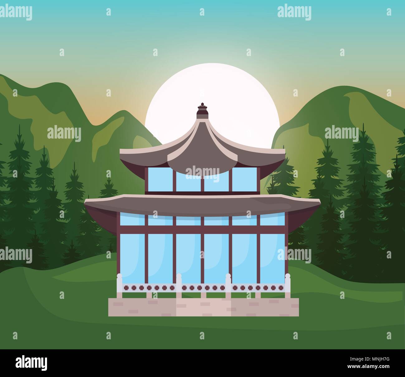 La corea del sud con design tradizionale e iconico Edificio su sfondo del paesaggio, design colorato. illustrazione vettoriale Illustrazione Vettoriale