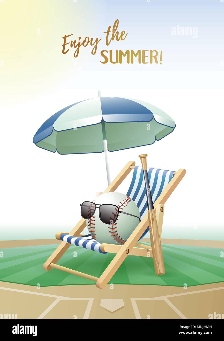 Godetevi l'estate! Scheda di sport. Palla da baseball con occhiali da sole, ombrellone e sedia a sdraio e la mazza di legno sul campo da baseball. Illustrazione Vettoriale. Illustrazione Vettoriale