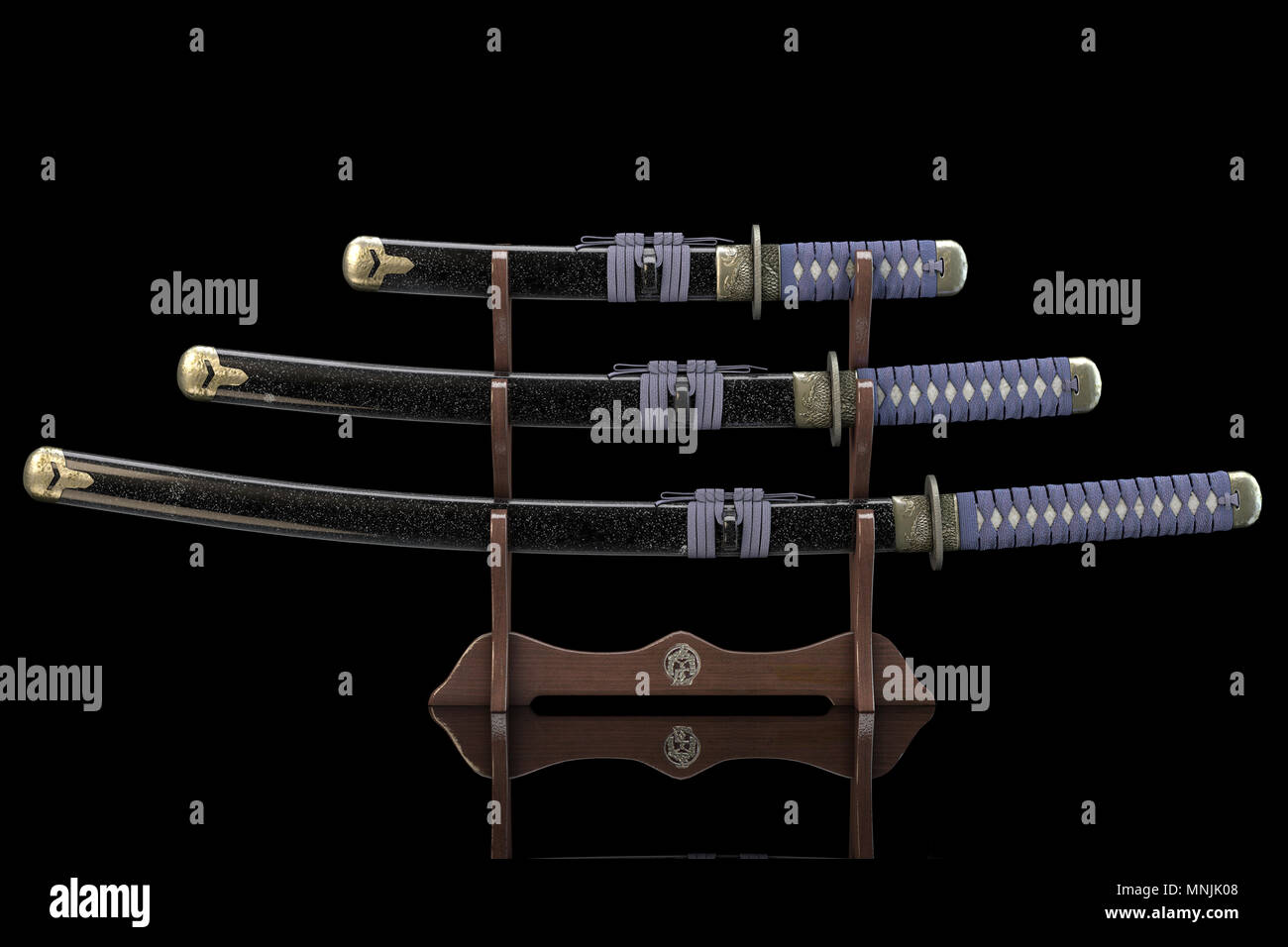 La visualizzazione di tre spade isolata su uno sfondo nero . Modello 3D Foto Stock