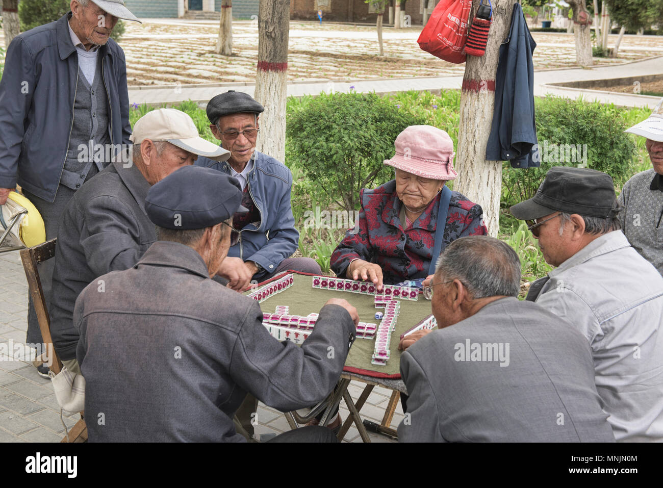 I cittadini anziani gioca mahjong cinese (Domino), Zhangye, Gansu, Cina Foto Stock