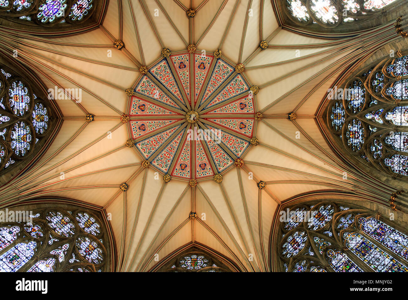 Inghilterra, nello Yorkshire, York. L'inglese in stile gotico Duomo Metropolitical e Chiesa di San Pietro a York, o York Minster. Il soffitto del capitolo Hou Foto Stock