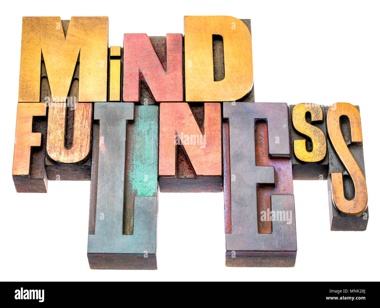 Mindfulness parola astratta o banner - concetto di sensibilizzazione - testo isolato in rilievografia vintage misto legno tipo blocchi di stampa Foto Stock