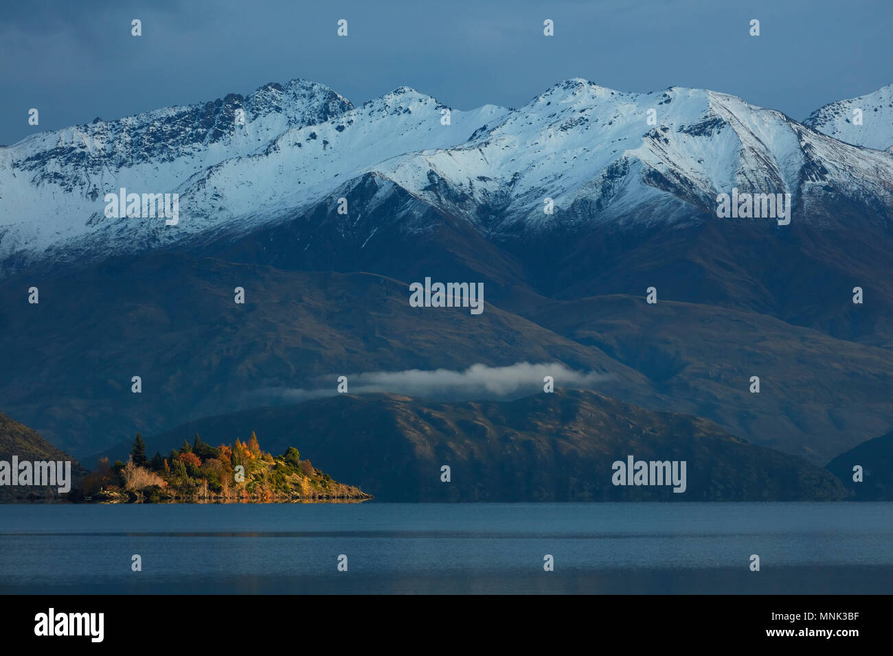 Isola di Ruby, Buchanan picchi, e il lago Wanaka, Otago, Isola del Sud, Nuova Zelanda Foto Stock