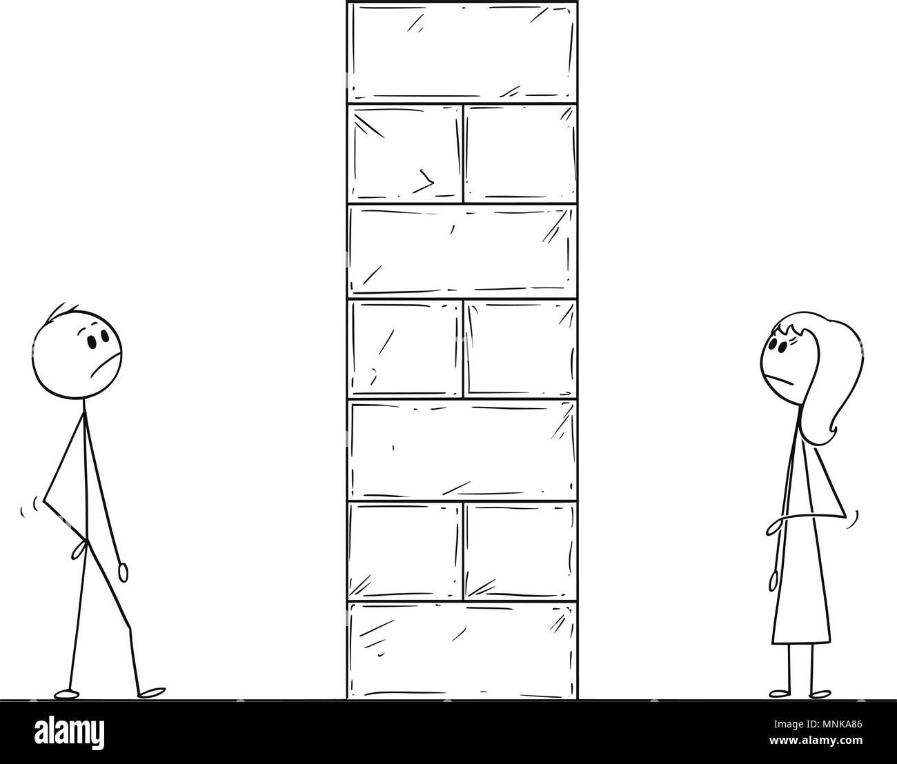 Cartoon di un uomo e di una donna divisa dal muro alto ostacolo Illustrazione Vettoriale