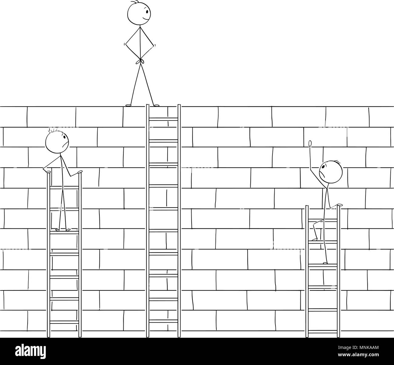 Cartoon di imprenditore battendo concorrenti vincendo muro alto ostacolo con scaletta Illustrazione Vettoriale