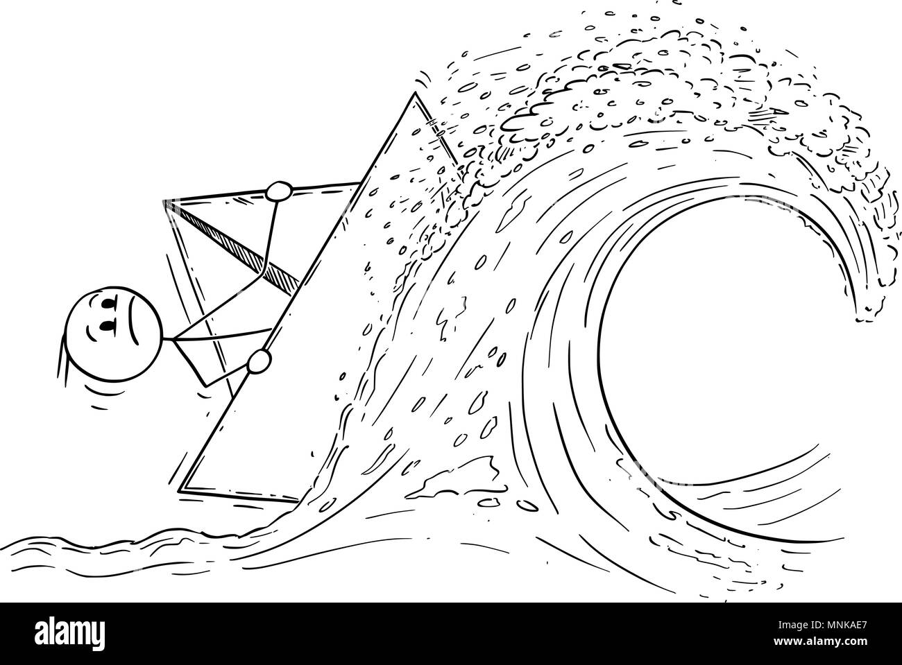 Cartoon di imprenditore di carta a vela nave o imbarcazione su onda elevata in tempesta Illustrazione Vettoriale