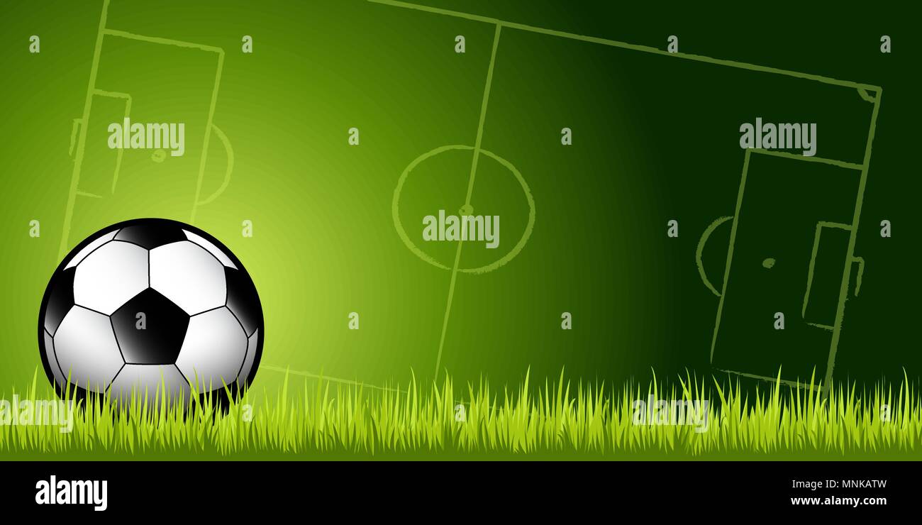 Il calcio pallone da calcio in erba verde contro un campo di calcio in background Illustrazione Vettoriale