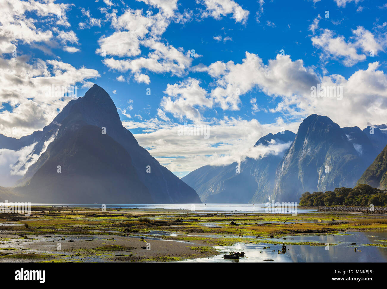 Milford Sound Nuova Zelanda Milford Sound Mitre peak parco nazionale di Fiordland Southland Nuova Zelanda Fjordland National Park South Island nz Foto Stock