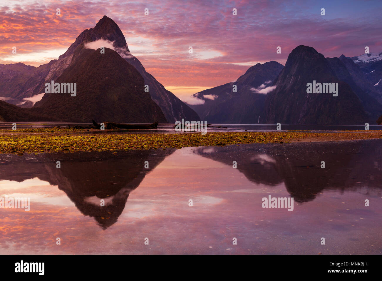 Milford Sound Nuova Zelanda Milford Sound Mitre peak al tramonto parco nazionale di Fiordland Southland Nuova Zelanda Fjordland National Park South Island nz Foto Stock