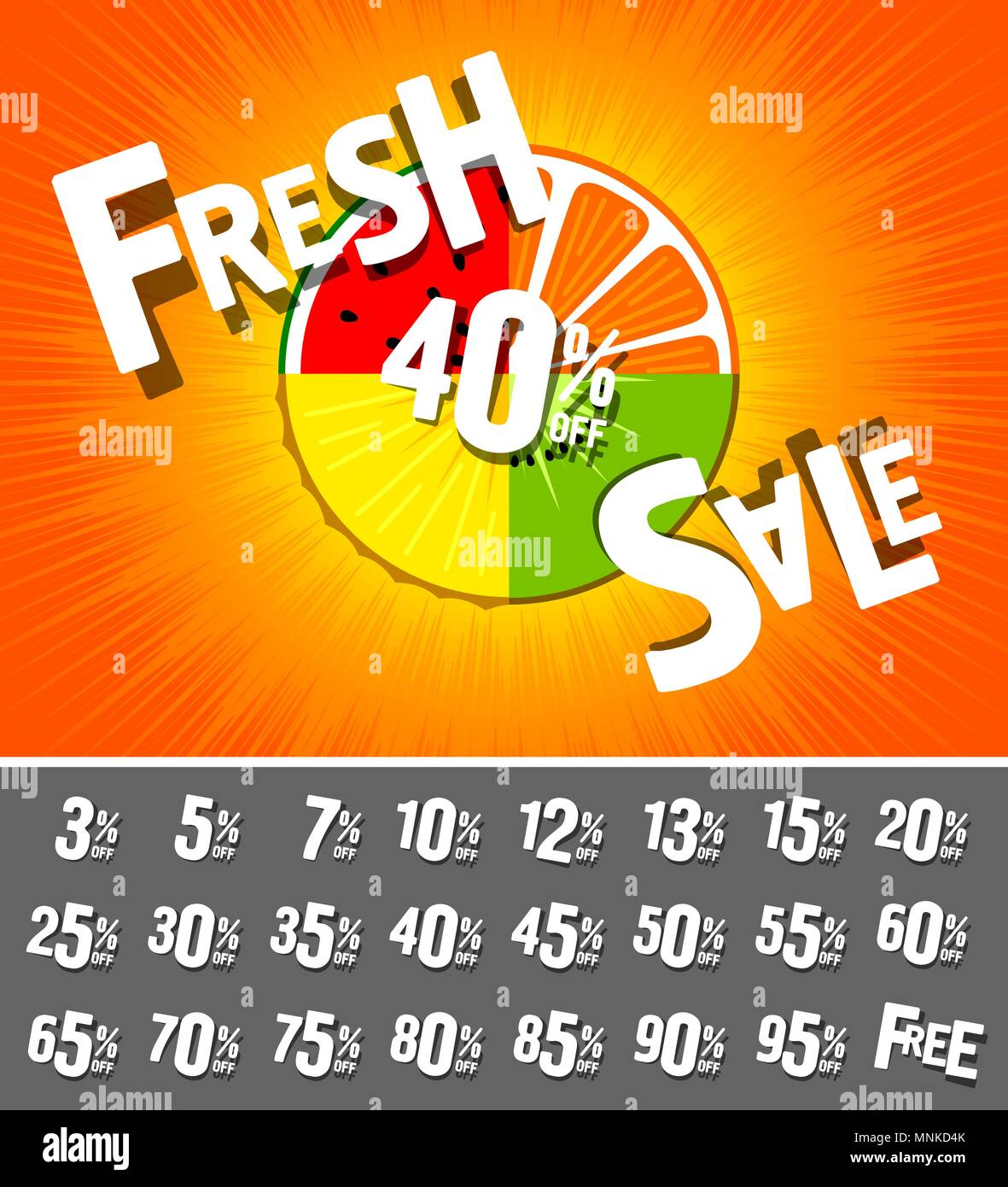 Vendita fresco 40 percento. Coupon. Poster per negozi. Sfondo di frutta. cocomero, kiwi, mandarino, arancia, ananas Illustrazione Vettoriale