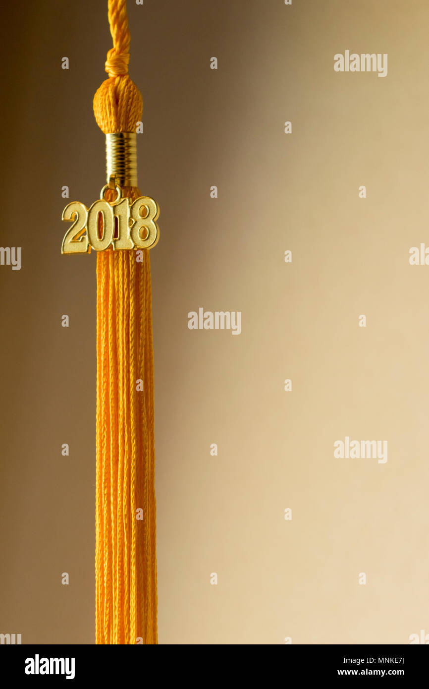 Classe di 2018. Oro infiorescenza staminifera drop abito di graduazione accessorio e fascino ricordo con illuminazione laterale. Simbolo iconico di un laureato del successo accademico. Foto Stock Classe di 2018. Oro infiorescenza staminifera drop abito di graduazione accessorio e fascino ricordo con illuminazione laterale. Simbolo iconico di un laureato del successo accademico. Foto Stock