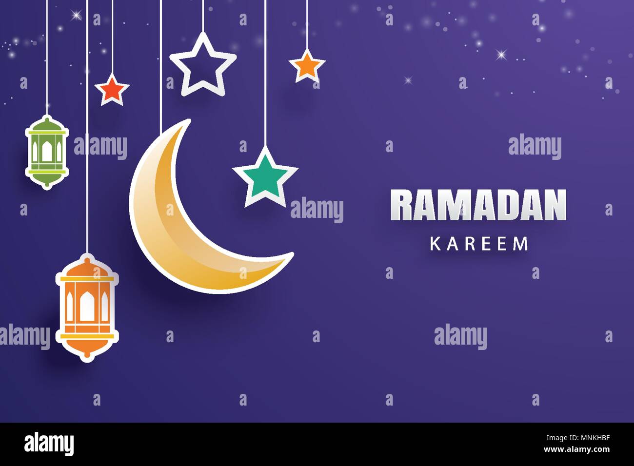 Il Ramadan Kareem greeting card la luna e le stelle lanterne tradizionali dello sfondo. Eid Mubarak banner illustration design. Utilizzare per il flyer islamica, poster, br Illustrazione Vettoriale