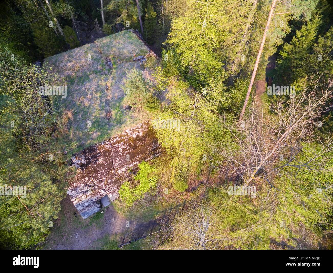 Vista aerea del distrutto cemento armato bunker dalla seconda guerra mondiale apparteneva a Himmler Hochwald sede nascosta in una foresta in Pozezdrz Foto Stock