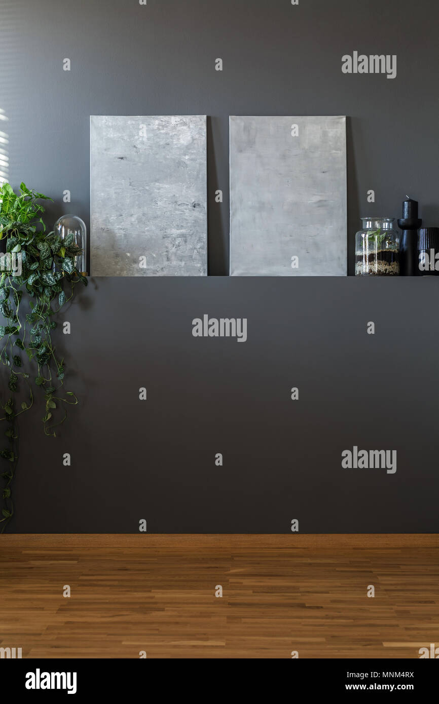 Abstract canvas grigio e un impianto di edera appeso da una vuota parete scura in modo minimalista living room interior Foto Stock