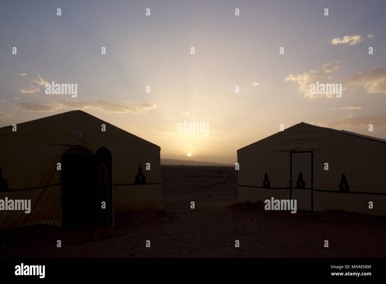 Desert Camp tende sagome contro il tramonto nel deserto Zagora, Marocco Foto Stock