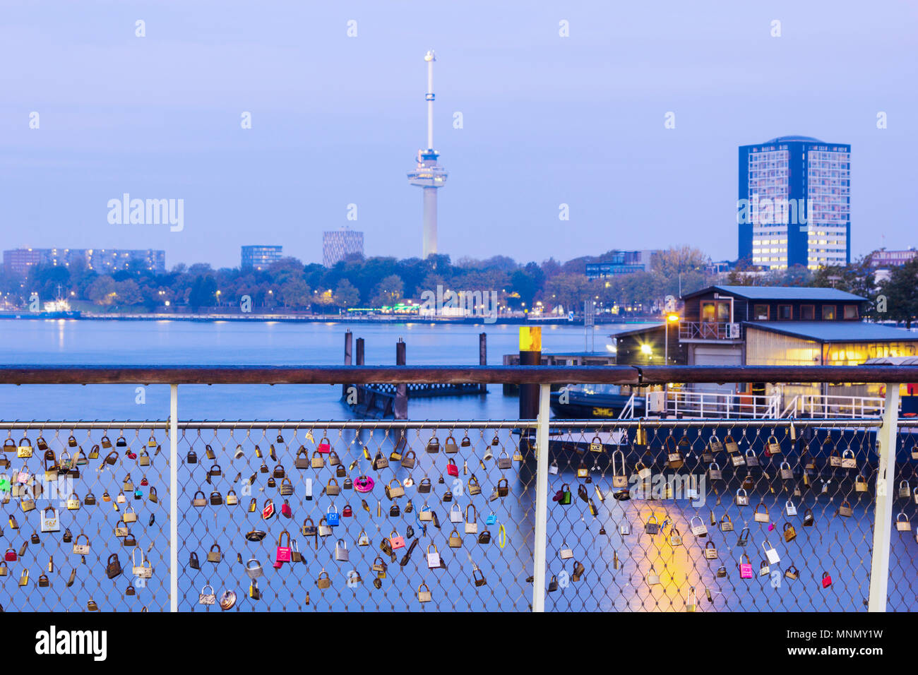 Paesi Bassi, Rotterdam, lucchetti sulla ringhiera con il fiume in background Foto Stock