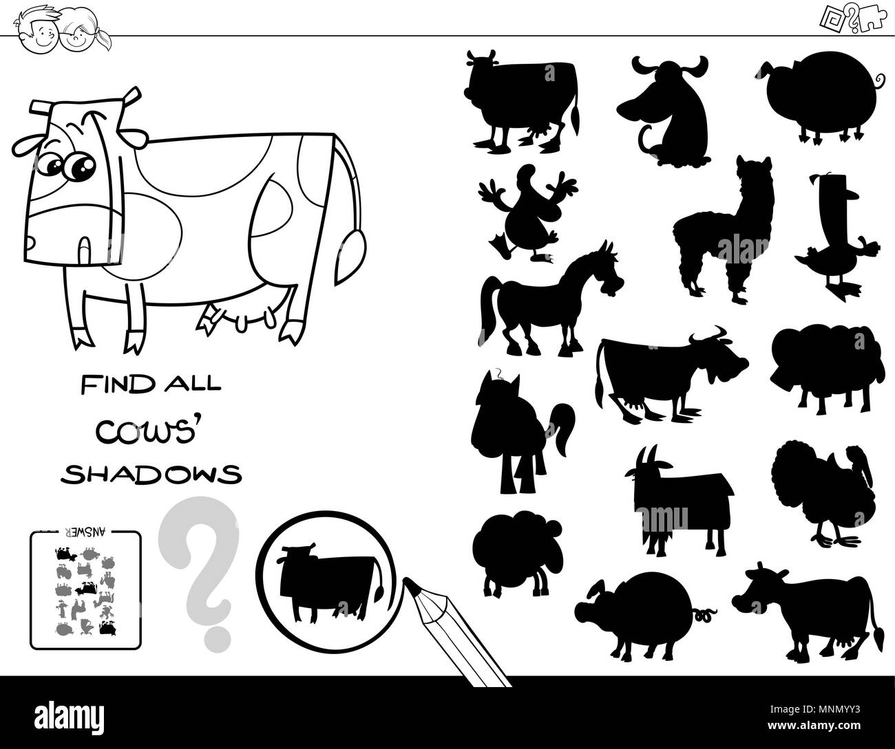 Bianco e Nero Cartoon illustrazione di trovare tutte le vacche ombre attività educative per i bambini Libro da colorare Illustrazione Vettoriale