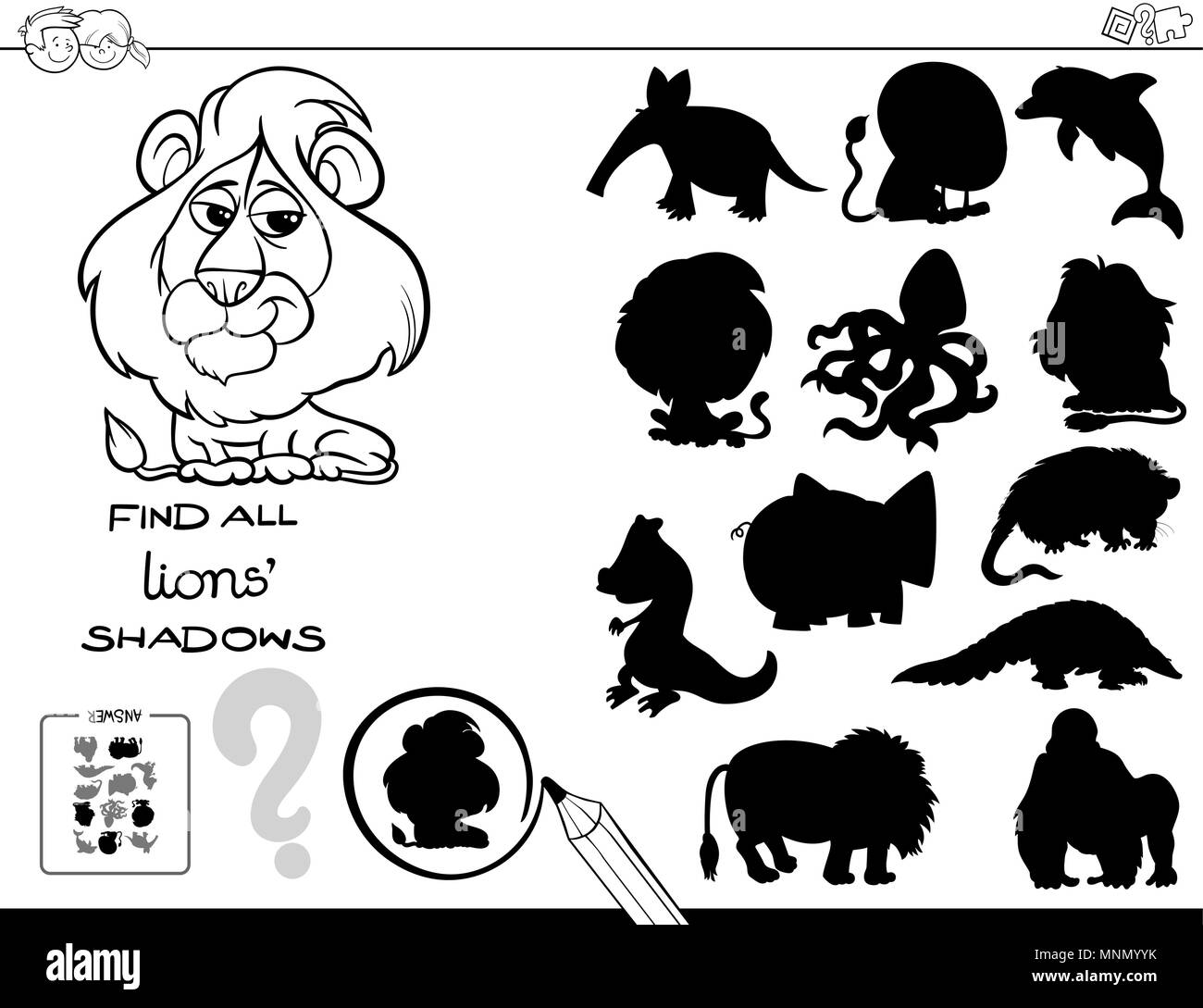Bianco e Nero Cartoon illustrazione di trovare tutti i Lions ombre attività educative per i bambini Libro da colorare Illustrazione Vettoriale