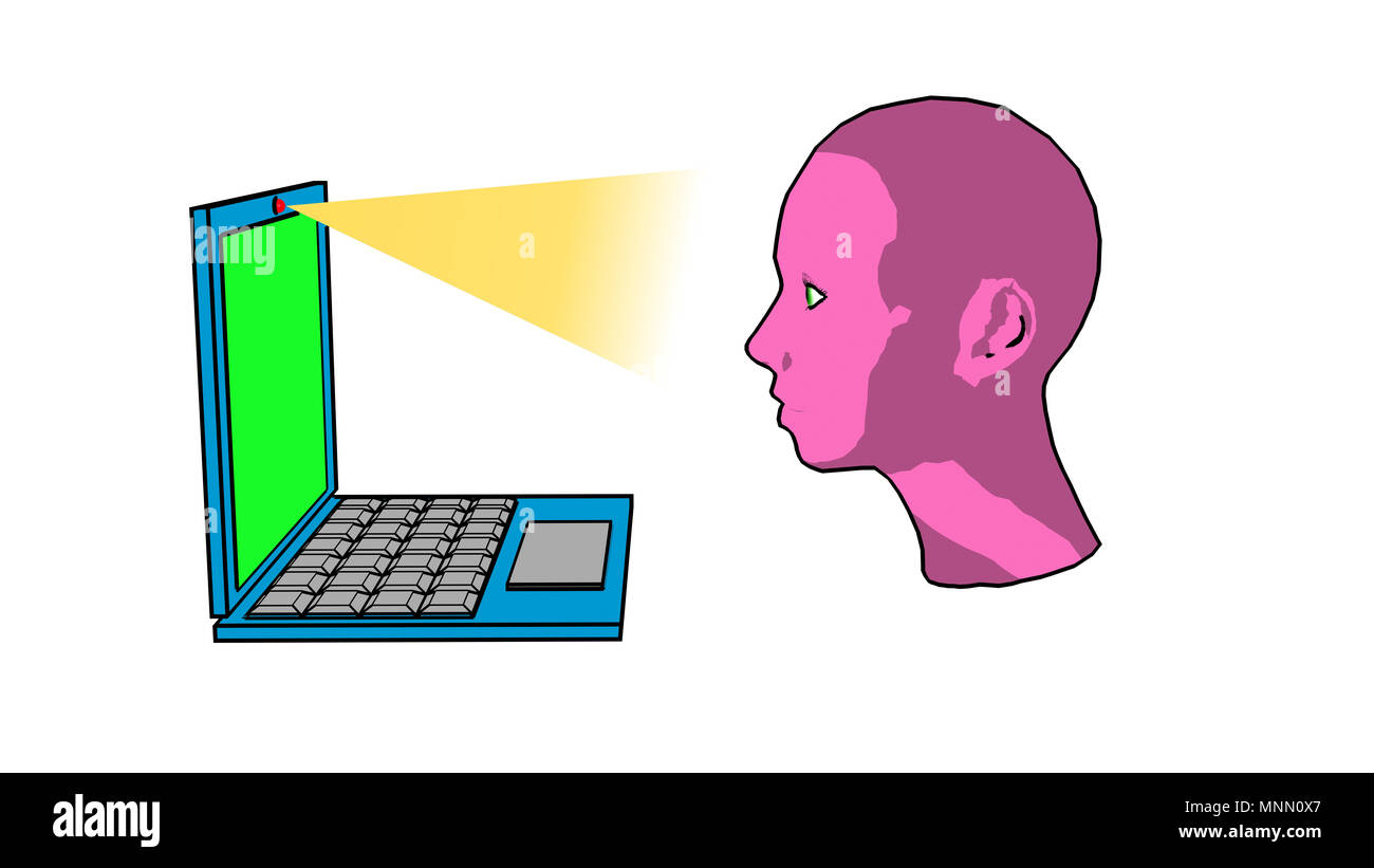 Il riconoscimento del volto , la verifica biometrica e raggio di scansione dal computer portatile. 3d Cartoon stile di rendering Foto Stock