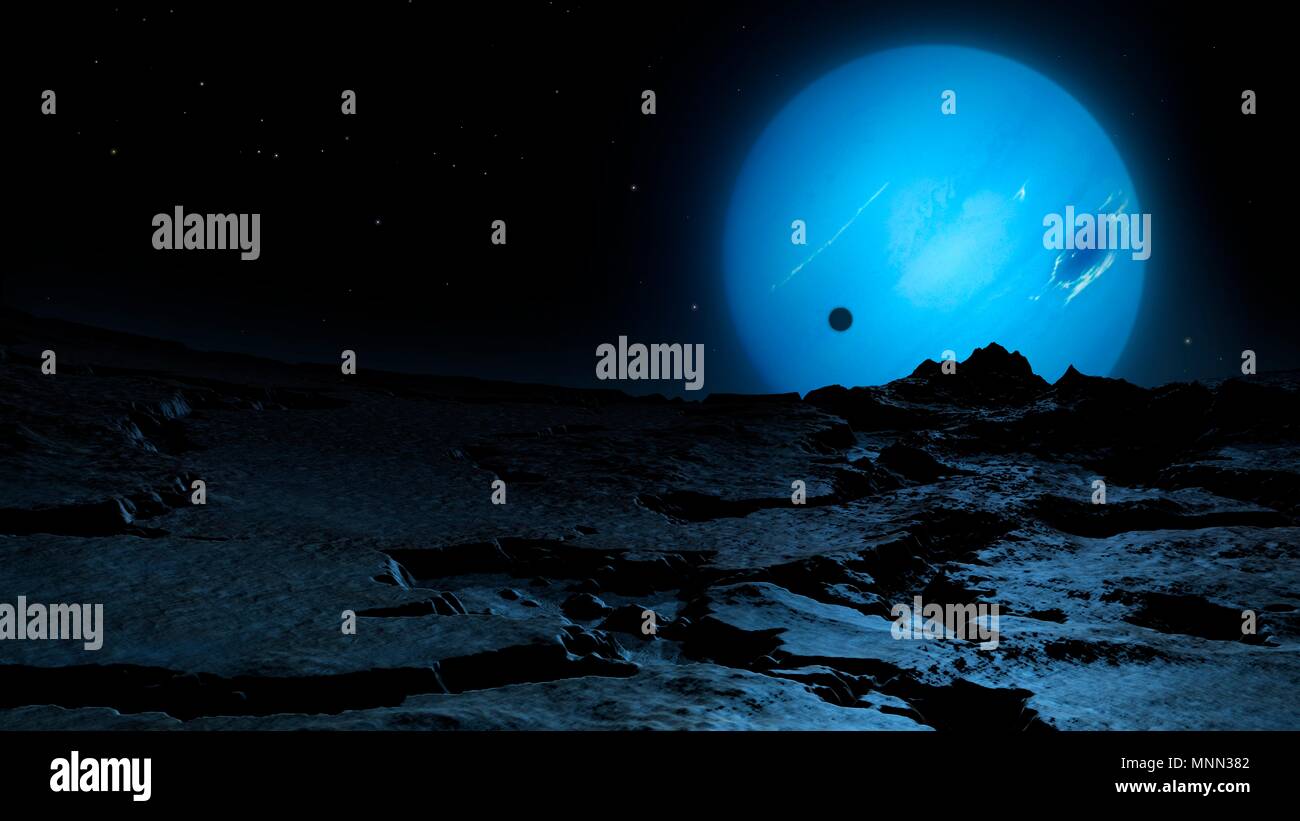 Illustrazione di Nettuno visto dalla superficie del suo più grande luna, Triton. Il Triton è una delle superfici più freddi nel noto sistema solare. In questa immagine vediamo Triton durante la notte, con il sole sotto l'orizzonte verso la parte posteriore. La superficie è accesa solo dal bagliore spettrale dello stesso Nettuno. L ombra di Triton espressi da sole può essere visto su Nettuno del viso. Foto Stock