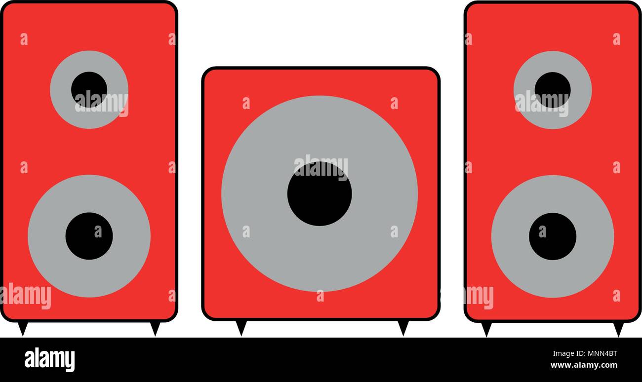 Set di altoparlanti rosso con woofer su sfondo bianco. suono stereo, icona simbolo. Disegno vettoriale. Illustrazione Vettoriale