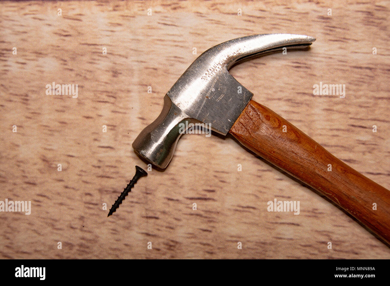 Primo piano di una testa di martello e di una vite nera su uno sfondo di legno grano. Foto Stock