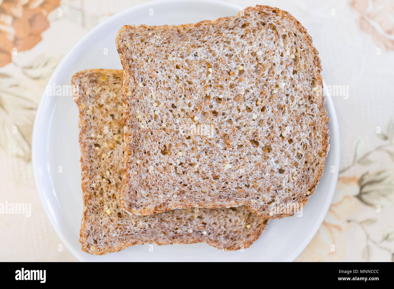 Primo piano di due strati di pezzi di tutto il grano germogliato tostati Pane di grano sulla piastra piana semplice sulla tavola piana macro vista dall'alto in basso Foto Stock