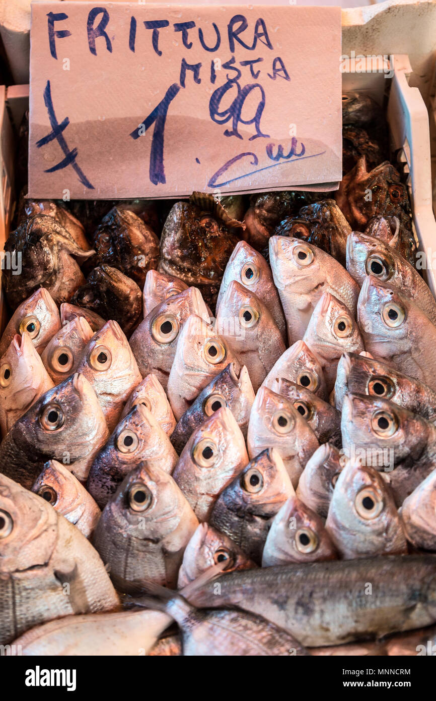 Pesce del Mediterraneo mix pronto per la vendita su un mercato in Sicilia Foto Stock