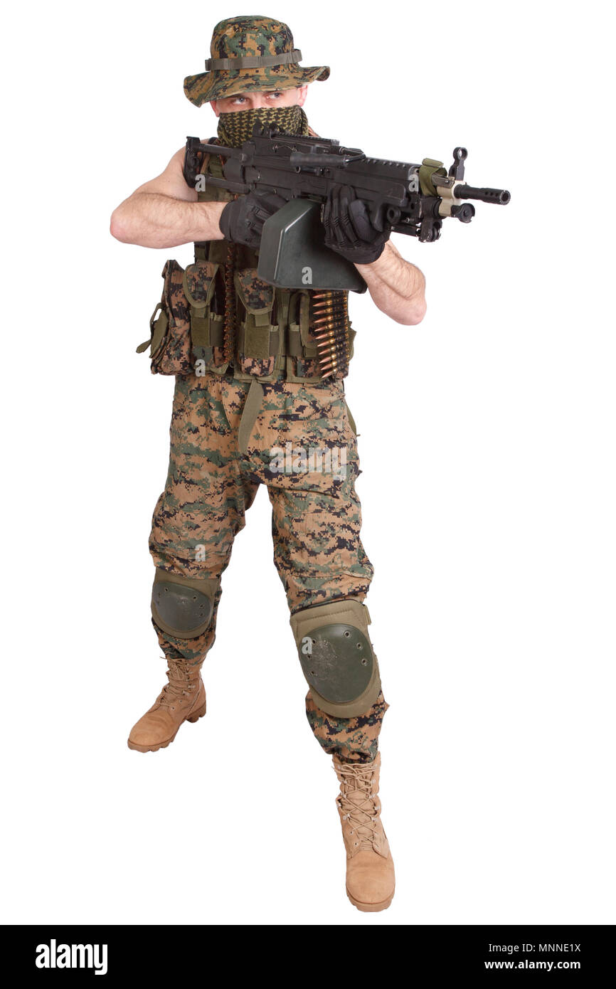 MARINES AMERICANI con M249 mitragliatrice isolato su bianco Foto Stock