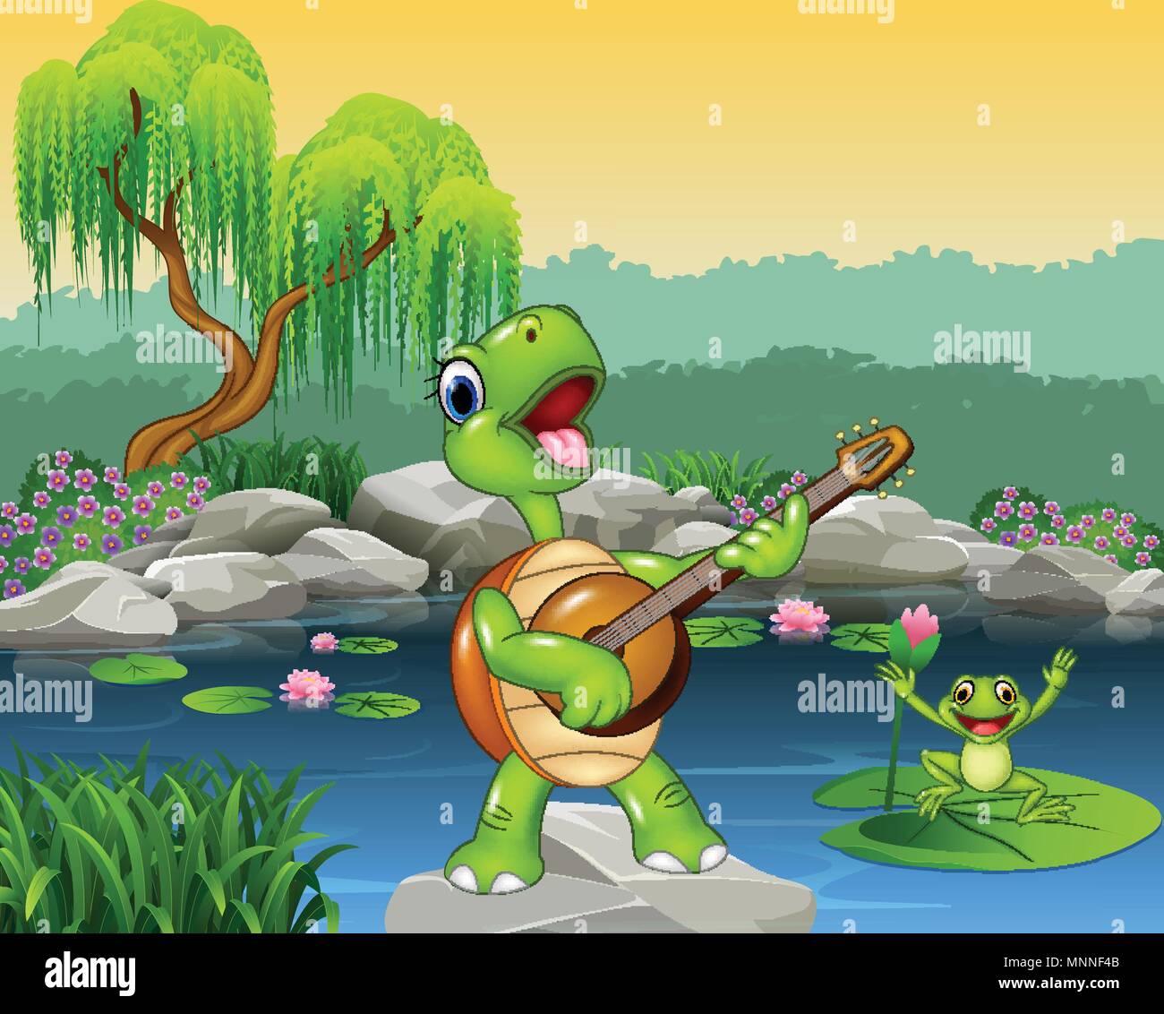 Carino turtle suonando la chitarra su roccia Illustrazione Vettoriale