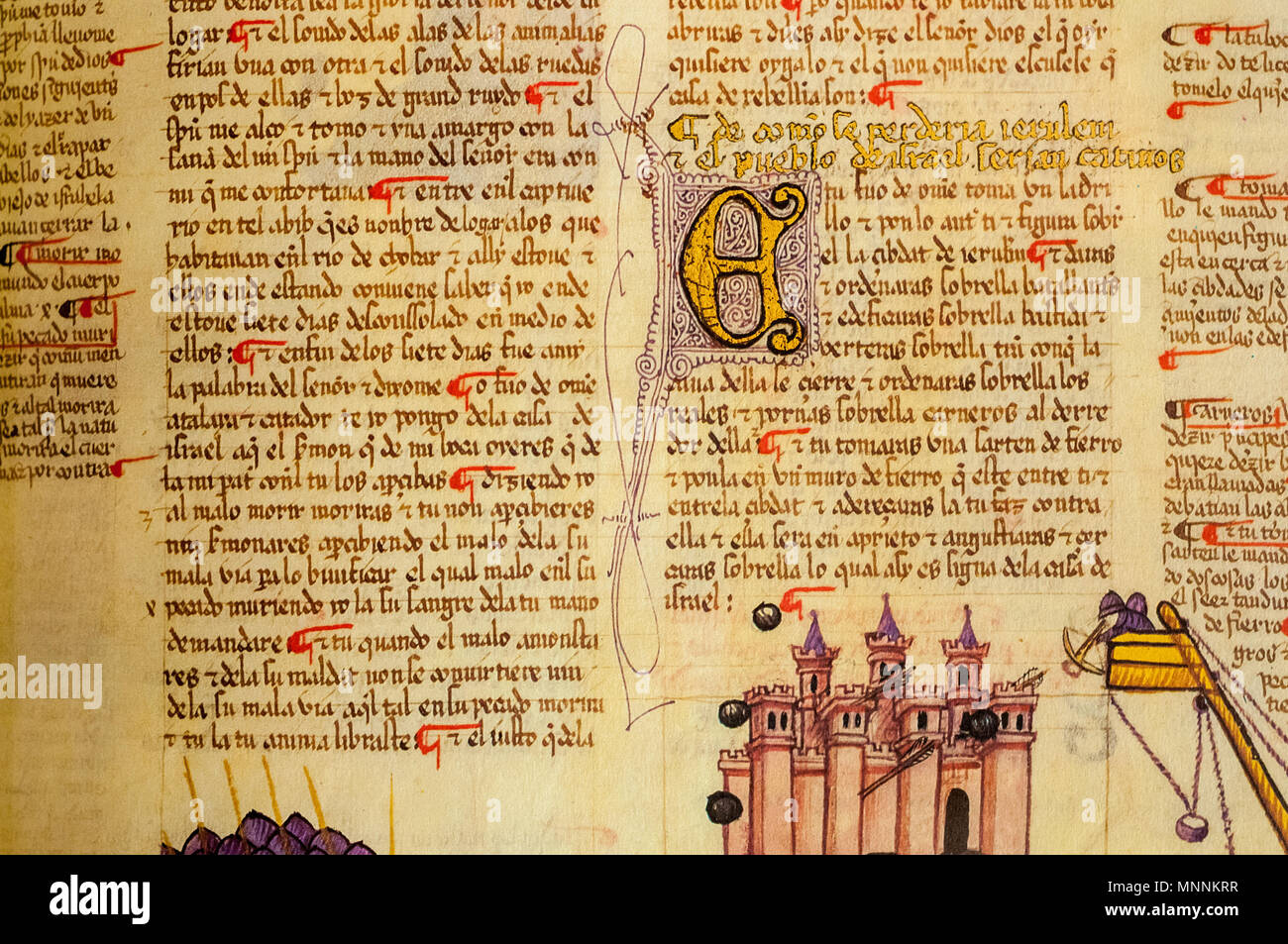 Alba La Bibbia facsimile, anno 1430, primo traduction dell Antico Testamento fatta dall ebraico al mediavel castigliano, ora lo spagnolo, il Museo di Storia Ebraica, Giro Foto Stock