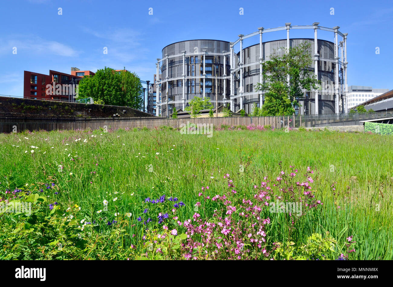 Appartamenti gasometro, Lewis Cubitt Square, Kings Cross, London, England, Regno Unito. Appartamenti di lusso costruiti in Il Grade ii Listed gasholders Foto Stock