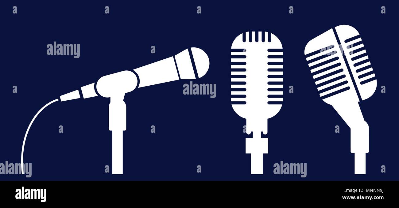 Silhouette di tre diversi microfoni su sfondo blu. icona Musica. Simbolo della canzone Illustrazione Vettoriale