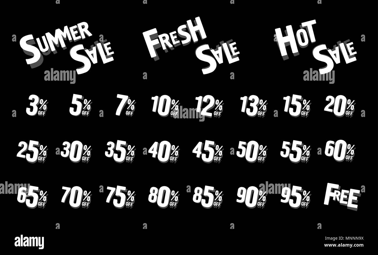 Vendita freschi, vendita calda estate vendita. Iscrizione sul poster con buoni sconto. 3, 5, 7, 15, 40, 50, 80 percento. Promozione del negozio Illustrazione Vettoriale